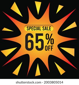 65% Rabatt für Sonderangebot. Banner mit 65 % Rabatt auf goldene Spritzen