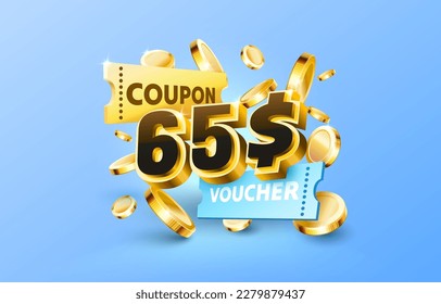 65 dollar coupon gift voucher, cash back banner special offer. Vector illustration