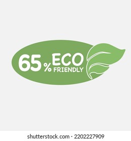 Etiqueta ecológica de hoja verde 65%. 2.ª ilustración vectorial. Iconos de sellos ecológicos Iconos de vectores con hoja verde de planta orgánica.