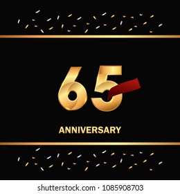 65 gold anniversary celebration design with red ribbon and glitter element, isolated on black background