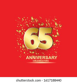 65 golden numbers and Anniversary Celebrating text with golden serpentine and confetti on red background. Vector twentieth anniversary celebration event square template
