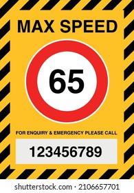 65 kilometres or miles per hour max speed limit red and yellow sign - sixty five speed limit traffic sign editable vector illustration