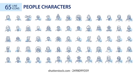 65 iconos de avatares de personajes y usuarios de arte de líneas. Diseño de trazo perfecto y editable de píxeles