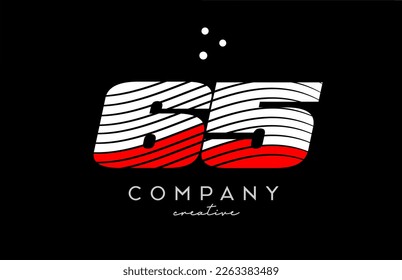 logotipo de 65 números con líneas blancas rojas y puntos. Diseño de plantillas creativas corporativas para empresas y negocios