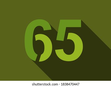 65 Number with long shadow, green colors cutting style. For logo, brand label, design elements, corporate identity, application & more. Vector editable illustration.