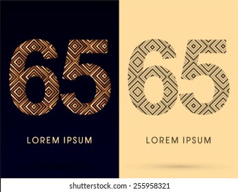 65 ,Number ,Luxury font, designed using gold and brown bronze line square geometric shape with black and white tone, logo, symbol, icon, graphic, vector.