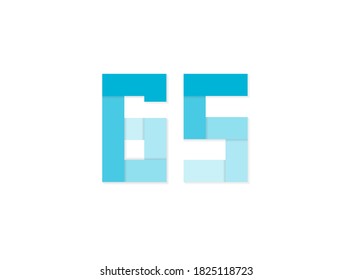65 number, vector logo, paper cut desing font made of blue color tones .Isolated on white background. Eps10 illustratio5
