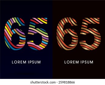 65 ,Number,colorful font and luxury font ,designed using colors line on dark background, concept move, wave, water, freestyle, happy, fun, joy, fantasy ,logo, symbol, icon, graphic, vector.