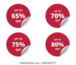 65 % Rabatt, 70, 75, 80 % Rundaufkleber-Schild. Banner-Set für Kreisaufkleber, Vektorgrafik-Abzeichen