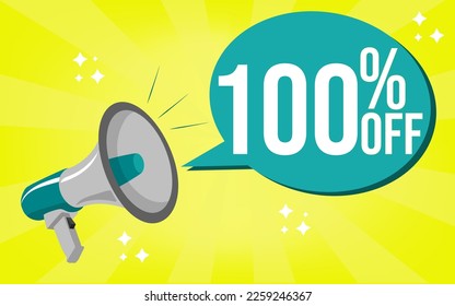 65 off. 70%off. 75%off 80%off. 85%off. 90%off. 95%off. 100%off big sales discount, megaphone, blue speech bubble on yellow background