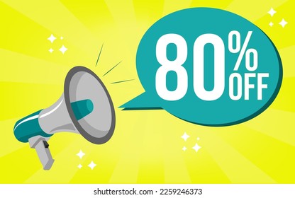 65 off. 70%off. 75%off 80%off. 85%off. 90%off. 95%off. 100%off big sales discount, megaphone, blue speech bubble on yellow background