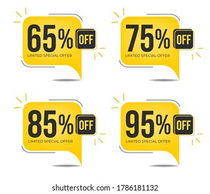 65% off, 75% off, 85% off and 95% off. Set of tag discounts. Banner with four yellow square balloons with special offers vector.