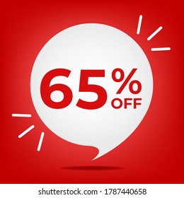 65% de descuento. Cartel con descuento del 65%. Burbuja blanca sobre un vector de fondo rojo.