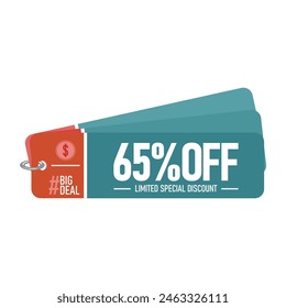 65% Off Big Deal limited special discount. A sixty five percent discount blue sticker label with the shape of a colour pallete with a red detail.