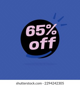 65% off. Black banner with special sale sixty-five percent off black speech bubble and blue background.