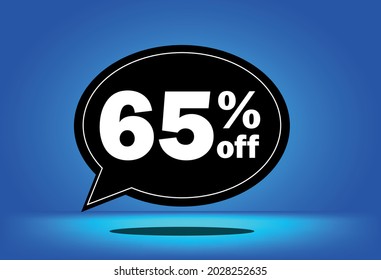 65% de descuento - globo flotante negro y azul - con fondo azul - banner para ofertas promocionales de descuento y reducción