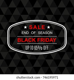 65% off. Black Friday discount banner. Sale tag or stamp. Special offer, flyer, promo design element. Vector illustration.