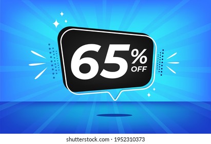 65% de descuento. Banner azul con un descuento del sesenta y cinco por ciento en un globo negro para grandes ventas.