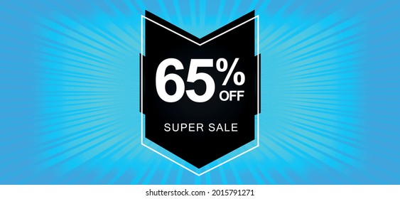 65 % Rabatt. Ein blauer Banner mit einem Rabatt von 65 Prozent auf einen schwarzen Ballon für Megaangebote.