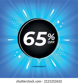 65% off. Blue banner with sixty-five percent discount on a black balloon for mega big sales.