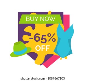 65% off buy now bright promotional emblem with swimsuit and hat. Sale for female summer clothes. Low cost swimwear accessory cap vector illustration.