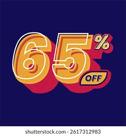 65% off discount banner design in a vibrant retro pop art style. Featuring bold typography with yellow red and navy color palette, perfect for marketing advertisements and social media content.
