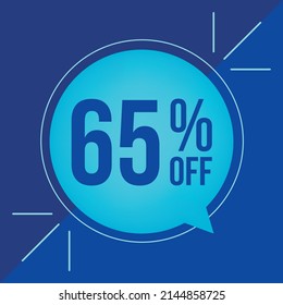 65% off, discount for big sales. Cyan balloon on blue background
