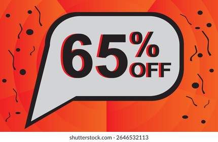 65% de desconto. Desconto no seu preço. Número preto com contorno laranja dentro de um balão branco e fundo laranja composto de elementos gráficos pretos.eps