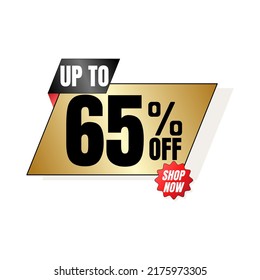 65% off UP to discount, shop now, gold gold design with 3D details. vector illustration