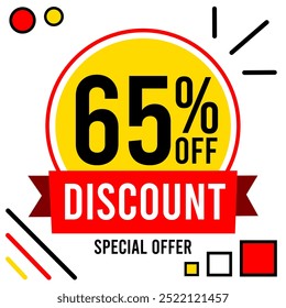 65% off discount sixty five percent off discount 65%off Promotions with black and white numbers, yellow ball, circle and red, black and yellow designs.eps