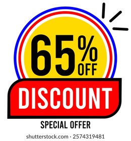 65% off discount special offer 65%off sixty five percent off 65 % off promotions discounts with letters numbers background ball circles drawings black red yellow blue white.eps