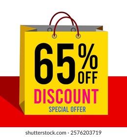 65% off discount special offer 65%off sixty five percent off 65 % off promotions discounts with letters numbers background bag yellow red blue black white and pink.eps