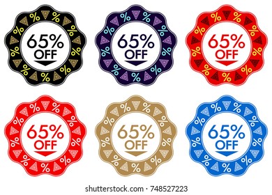 65% Off Discount Sticker. Set of Banner or Sticker Design with 65% Off Sale in Black, Dark-blue, Red, Golden and Blue color. Bright Design for Sales and Discounts of All Seasons