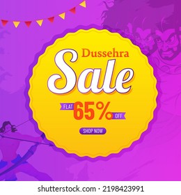 Up To 65% Off For Dussehra Sale Poster Design With Lord Rama Killing The Demon Ravana.