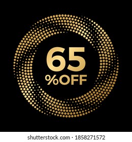 65% off. Golden design in halftone style for 65 percent discount, offer, promotion.