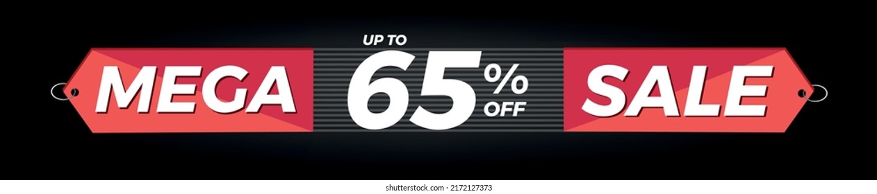 65 % Rabatt. Horizontaler schwarzer Banner. Werbung für Mega Sale. Bis zu fünfundsechzig Prozent Rabatt auf Angebote und Angebote.