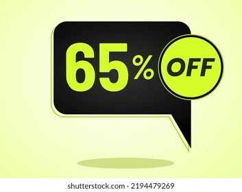 65% off limited special offer. Banner with 65 percent off in black and yellow green neon circular balloon