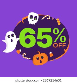 65% off on Halloween. Vector illustration of super offer in purple and orange balloon, plus halloween, ghost, skull, pumpkin and candy icons.