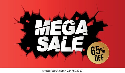 65% de descuento. Banner rojo con 65 por ciento de descuento en un globo negro para grandes ventas.