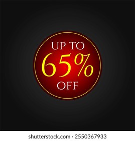 65% de descuento. Etiqueta de descuento roja y amarilla. Promociones de marketing, ventas de comercio. Diseño de Vector. 65 por ciento de descuento.