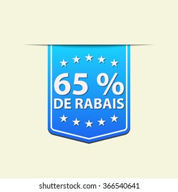65% Off ribbon label. Blue color. French text. Vector illustration. Translation : (title) % Off