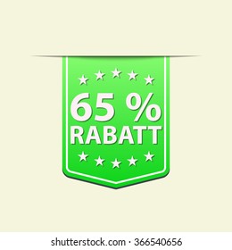 65% Off ribbon label. Green color. German text. Vector illustration. Translation : (title) % Off