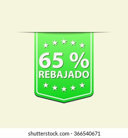 65% Off ribbon label. Green color. Spanish text. Vector illustration. Translation : (title) % Off