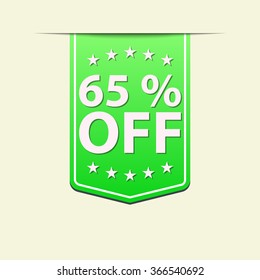 65% Off ribbon label. Green color. Vector illustration.