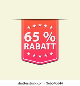 65% Off ribbon label. Red color. German text. Vector illustration. Translation : (title) % Off