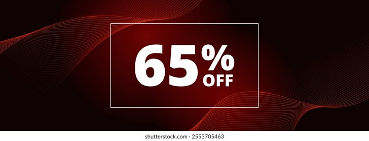 65 off sale banner. Abstract red glowing wavy lines on black wide background. 65 percent off holiday sale discount. Vector illustration