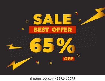 65% off sale best offer. Sale banner with sixty five percent of discount, coupon or voucher vector illustration. Yellow and red template for campaign or promotion.