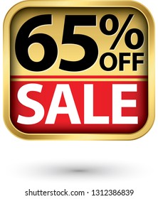 65% off sale golden label with red ribbon,vector illustration