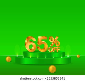 65% off shiny golden text vector in 3D style. podium with green background. golden spheres. marketing project.
