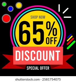 65% off shop now discount special offer 65%off sixty five percent off 65 % off promotions discounts with letters numbers background ball circles designs red yellow blue green white black gray pink.eps